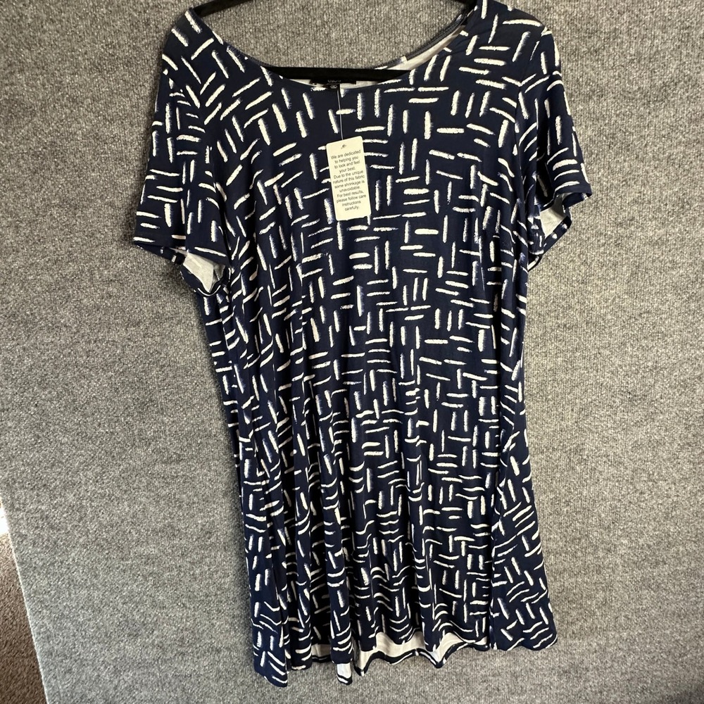 Jersey‎ Tunic Top Navy Blue White Abstract 1X Nautical Beachy Minimalist Summer